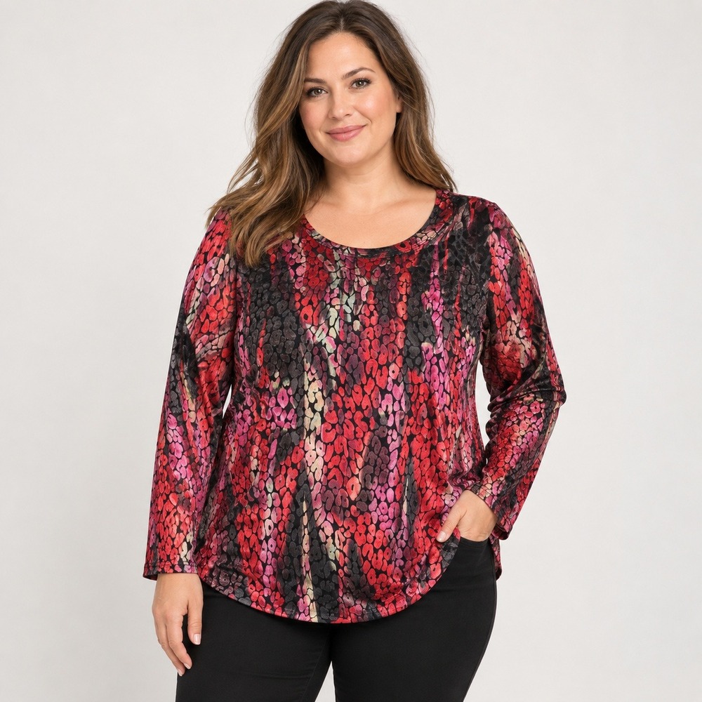 Calesa Women Red Pink Leopard Burnout Velvet Long Sleeve Blouse Top XL NWT